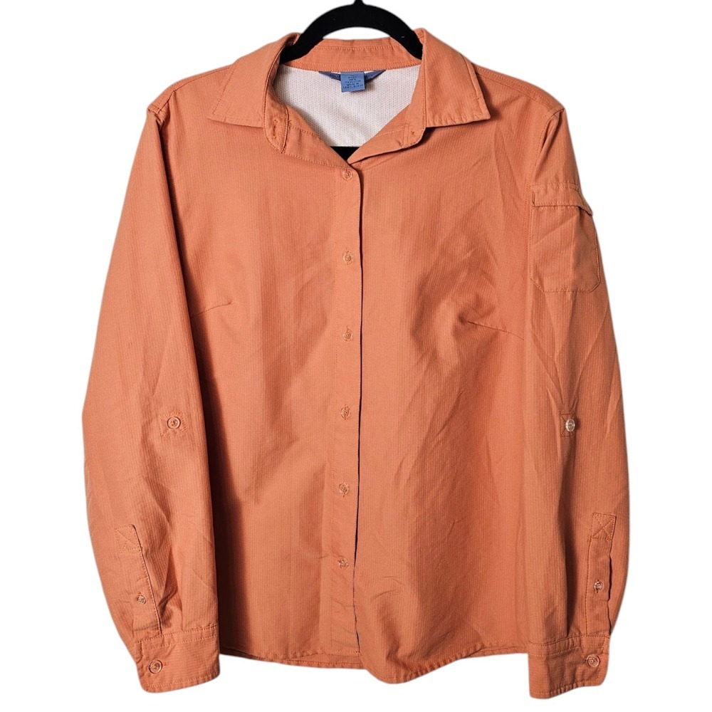 Duluth Trading M Orange Button Up‎ Fishing Shirt Rip Stop Vented Long Sleeve ~